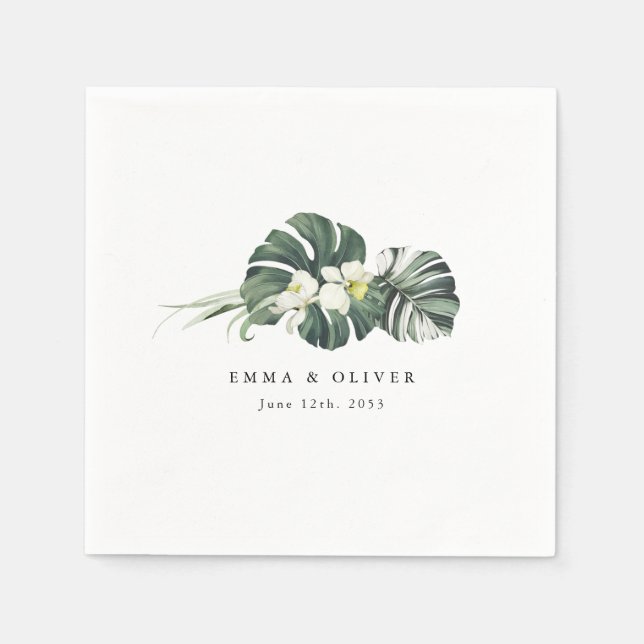 Personalized Tropical Sage Green Monstera Wedding Napkin (Front)