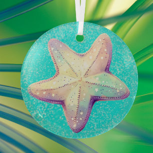 Personalized Tropical Starfish Christmas Holiday  Glass Ornament