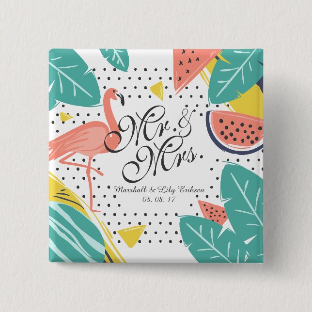 Personalized Tropical Summer Wedding Pin Button (Front)