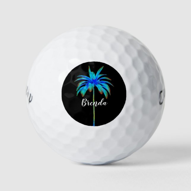 Personalized Tropical Turquoise Blue Palm Tree Golf Balls (Front)