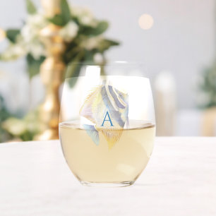 Personalized Tropical Watercolor Angel Fish II Stemless Wine Glass