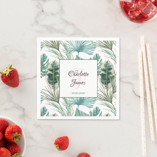 Personalized Tropical Wedding Palm Frond Pattern Napkin (Insitu)
