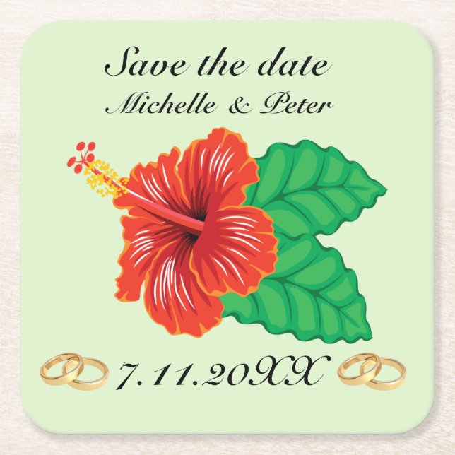 Personalized Tropical Wedding "Save The Date" Square Paper Coaster (Front)