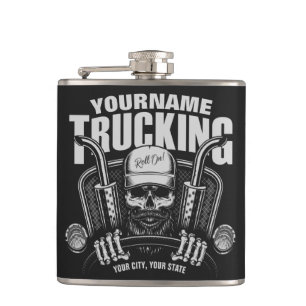 Personalized Trucking Skull Trucker Big Rig Truck Hip Flask