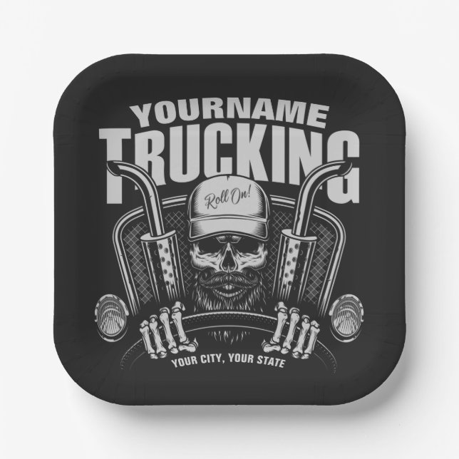 Personalized Trucking Skull Trucker Big Rig Truck  Paper Plate (Front)