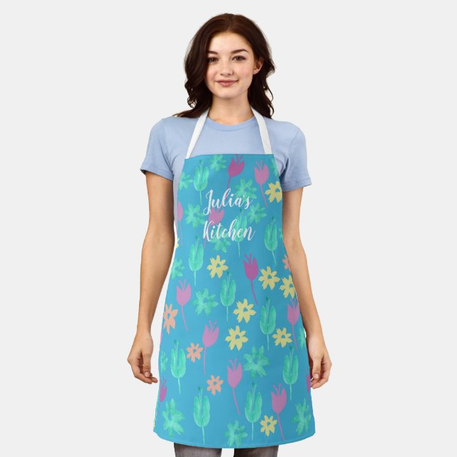 Personalized Tulip Apron Blue Pink Yellow (Worn)