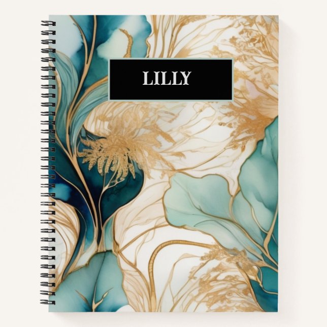 Personalized Turquoise and Gold Alcohol Ink  Notebook (Front)