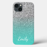 Personalized Turquoise and Silver Glitter Ombre