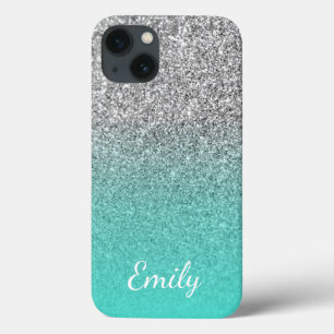 Personalized Turquoise and Silver Glitter Ombre iPhone 13 Case