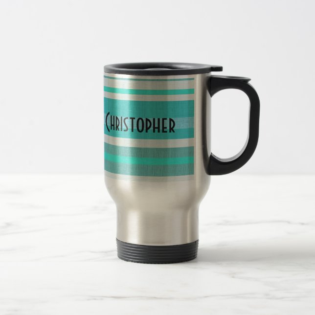 Personalized Turquoise Aqua Stripe Pattern Travel Mug (Right)