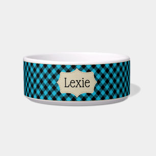 Personalized Turquoise Blue and Black Plaid Pet Bowl