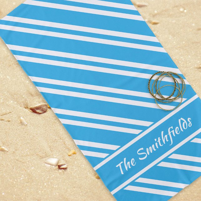 Personalized Turquoise Blue and White Stripes Beach Towel (Creator Uploaded)
