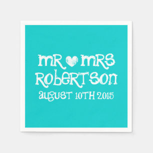 Personalized turquoise blue mr mrs wedding napkins