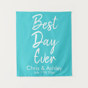 Personalized Turquoise Blue Wedding Best Day Ever Tapestry