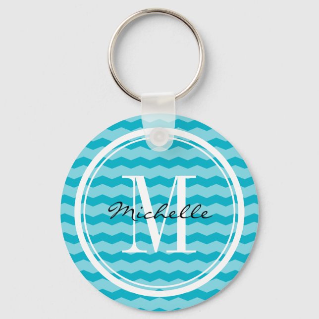 Personalized turquoise chevron pattern key chain (Front)