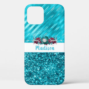 Personalized Turquoise Floral Glitter  iPhone 12 Case