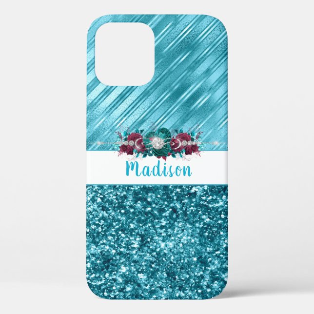 Personalized Turquoise Floral Glitter  Case-Mate iPhone Case (Back)