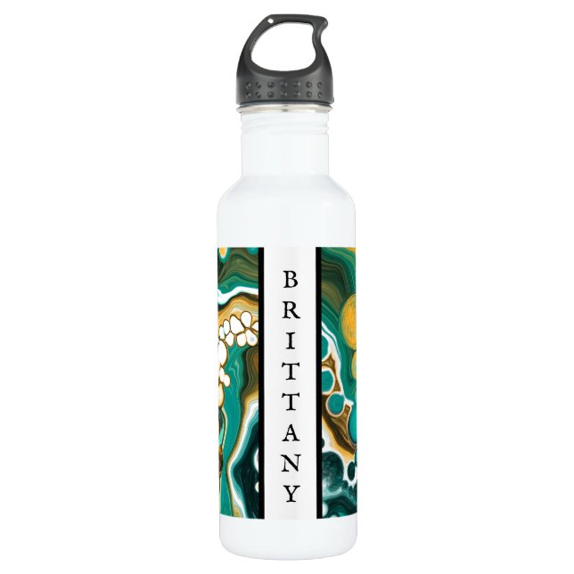 Personalized Turquoise, Gold, Marble Fluid Art    710 Ml Water Bottle (Front)