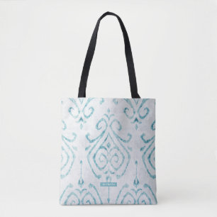Personalized Turquoise Ikat Pattern Bridesmaid Tote Bag