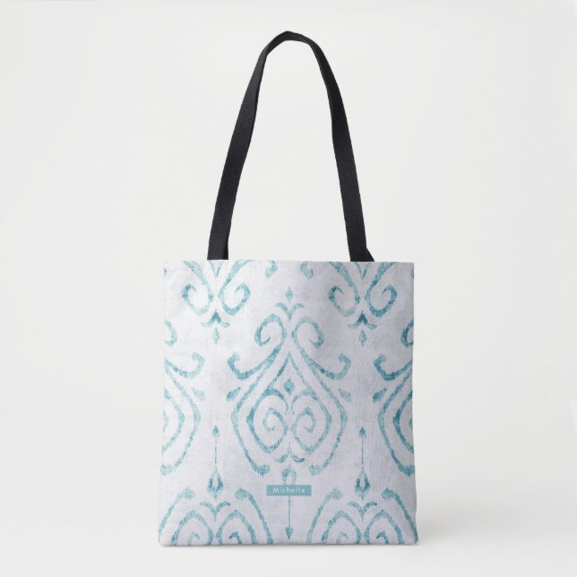 Personalized Turquoise Ikat Pattern Bridesmaid Tote Bag (Front)