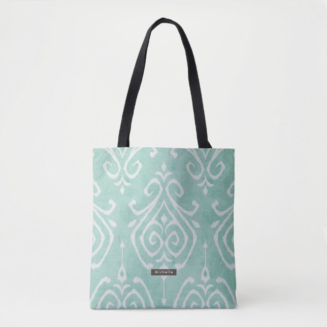Personalized Turquoise Ikat Pattern Bridesmaid Tote Bag (Front)