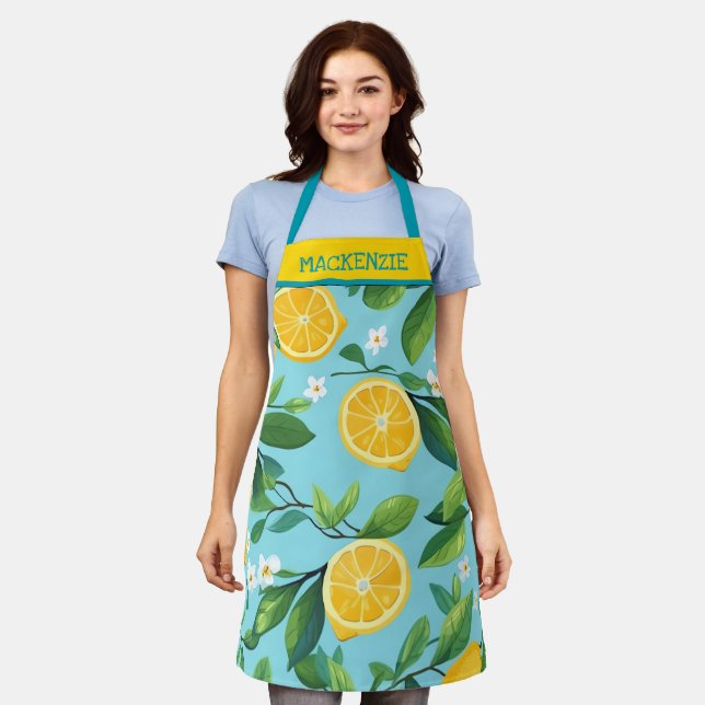 Personalized Turquoise Lemon Print Apron (Worn)