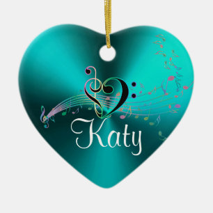 Personalized Turquoise Music Notes Holiday Heart Ceramic Ornament