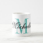 Personalized turquoise name monogram coffee mug<br><div class="desc">Design your own personalized name monogram mug. Cute monogrammed coffee mug design. Cute typography Birthday or wedding favour gift idea for men, women, kids, friends and family. Stylish elegant script typography. Custom colour for name initial letter. ie turquoise blue and white. Unique coffeemugs also available as large oversized cups and...</div>