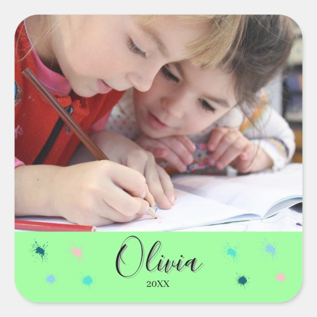 Personalized Turquoise Photo Name and Date Gift Square Sticker (Front)