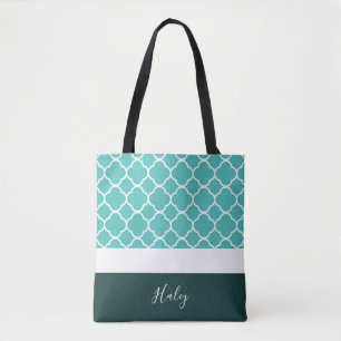 Personalized Turquoise Quatrefoil with Dark Bottom Tote Bag