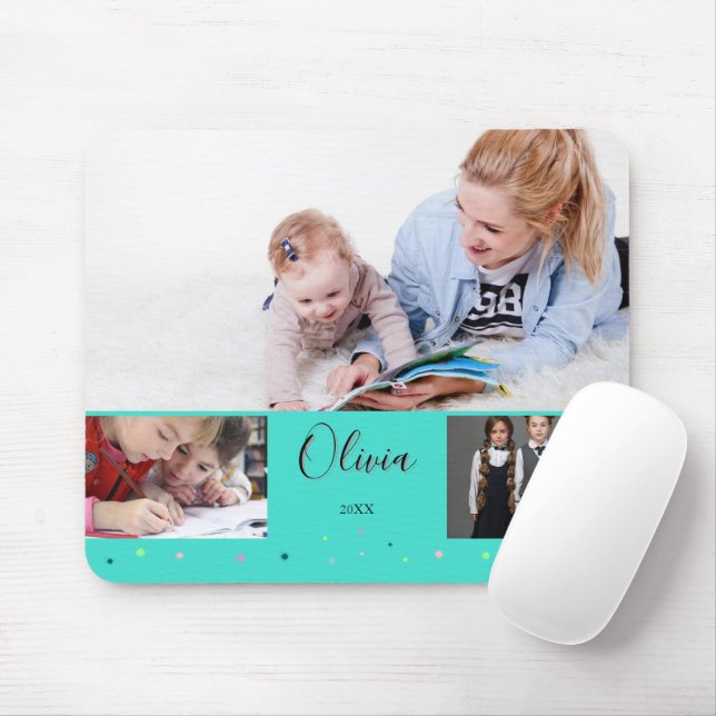 Personalized Turquoise School Photo Collage Name Mouse Pad (With Mouse)