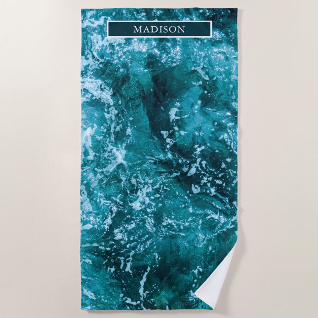 Personalized Turquoise Sea and Waves Beach Towel (Front)
