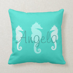 Personalized Turquoise Sea Horses Throw Pillow