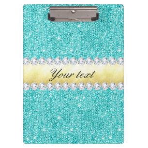 Personalized Turquoise Sequins Gold Diamonds Clipboard