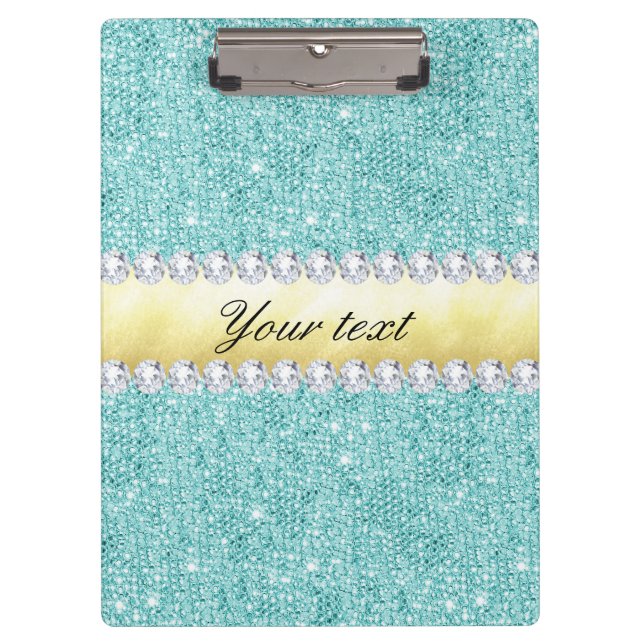 Personalized Turquoise Sequins Gold Diamonds Clipboard (Front)