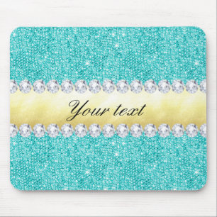 Personalized Turquoise Sequins Gold Diamonds Mouse Pad