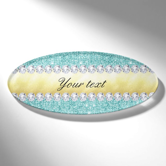 Personalized Turquoise Sequins Gold Diamonds Name Tag (Front)