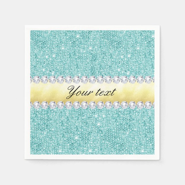Personalized Turquoise Sequins Gold Diamonds Napkin (Front)