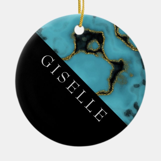 Personalized Turquoise Stone Gold and Black Ceramic Ornament (Front)