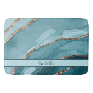 Personalized Turquoise Teal Gold Marble Agate Bath Mat