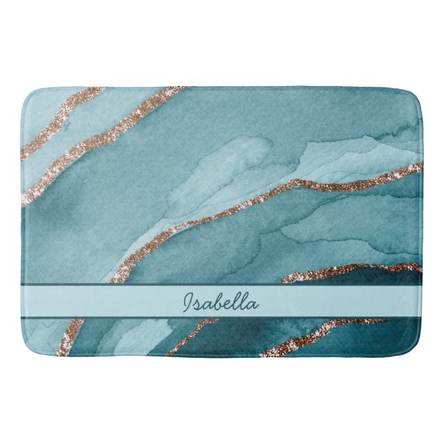 Personalized Turquoise Teal Gold Marble Agate Bath Mat (Front)