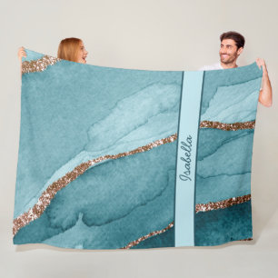 Personalized Turquoise Teal Gold Marble Agate Flee Fleece Blanket