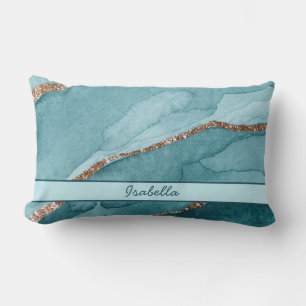 Personalized Turquoise Teal Gold Marble Agate Lumbar Pillow