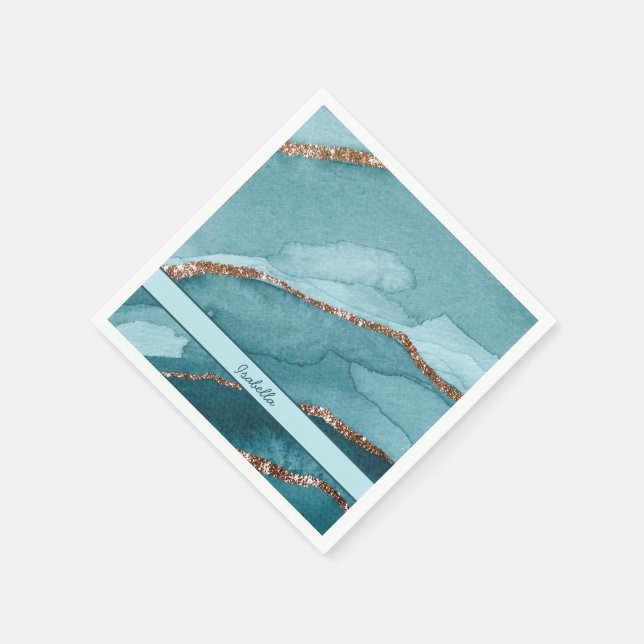 Personalized Turquoise Teal Gold Marble Agate Napkin (Corner)