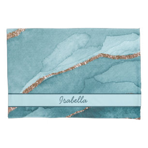 Personalized Turquoise Teal Gold Marble Agate Pillowcase