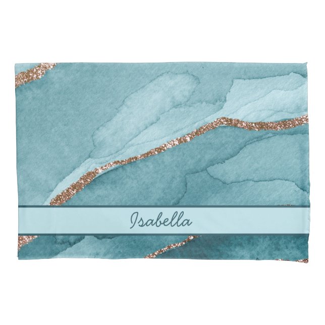 Personalized Turquoise Teal Gold Marble Agate Pillowcase (Front)