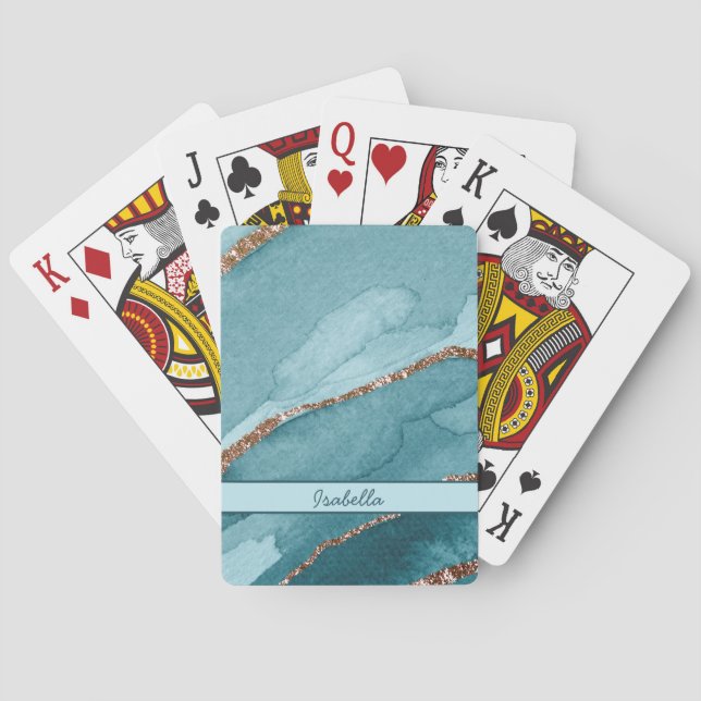Personalized Turquoise Teal Gold Marble Agate Playing Cards (Back)