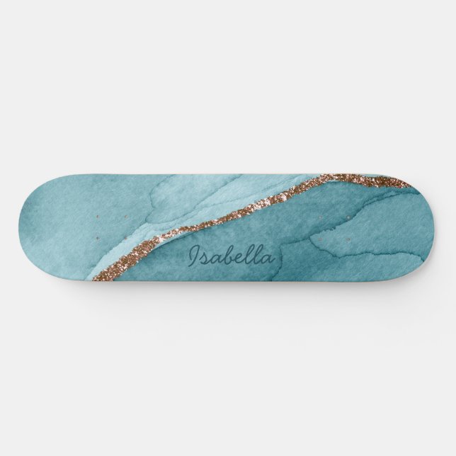 Personalized Turquoise Teal Gold Marble Agate Skateboard (Horz)