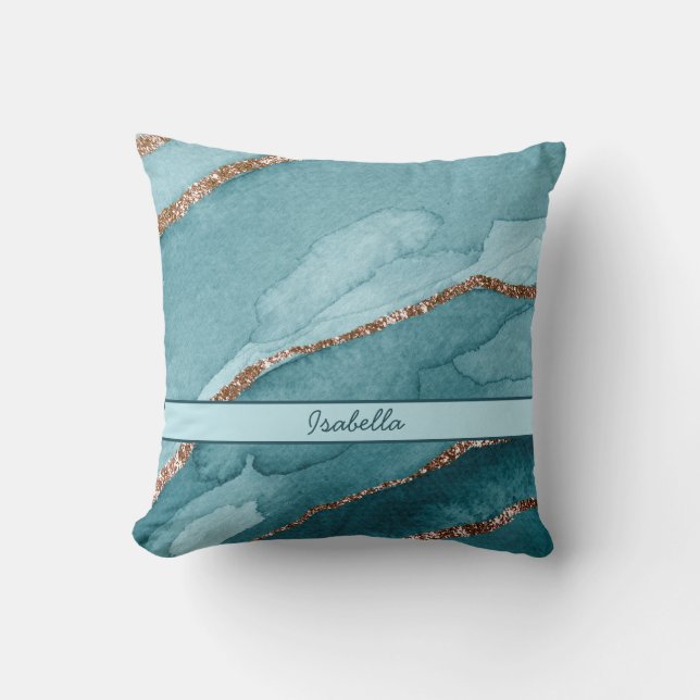 Personalized Turquoise Teal Gold Marble Agate Throw Pillow (Front)