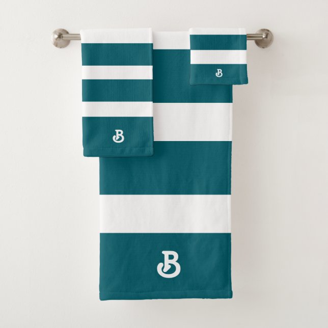 Personalized Turquoise & White Stripes Pattern Bath Towel Set (Insitu)
